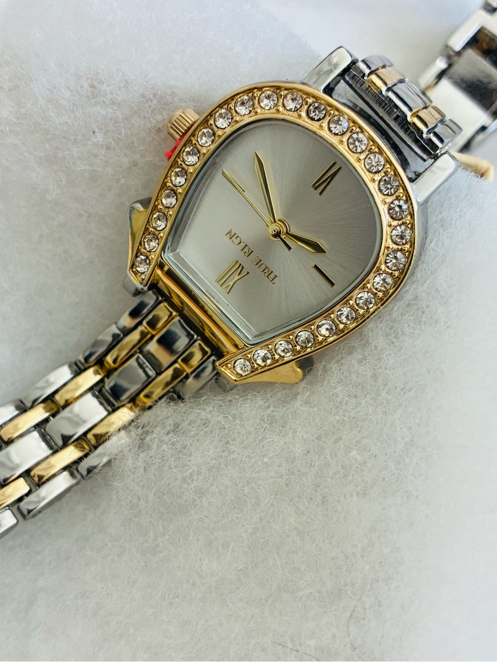 True Religion Two-Tone Gold and Silver Crystal Bezel Ladies Watch, new.